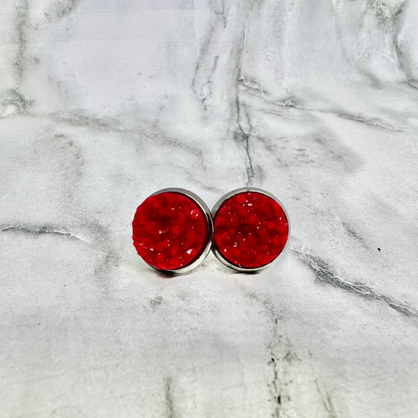 Deep Red Geode Stud Earrings