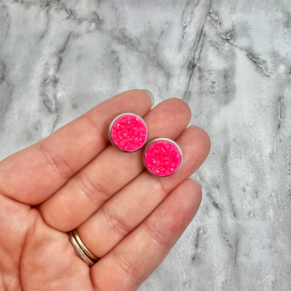 Neon Pink Geode Stud Earrings