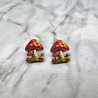 Amanita Mushroom Wood Stud Earrings