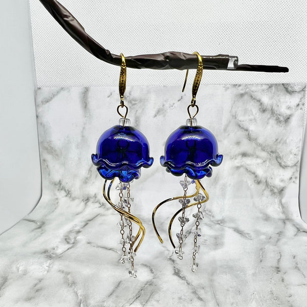 Deep Sea Blue Glass Jellyfish Earrings