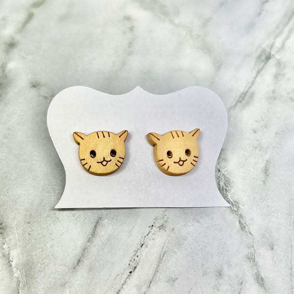 Wood Kitty Stud Earrings