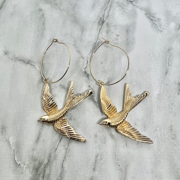 Gold Bird Hoop Earrings