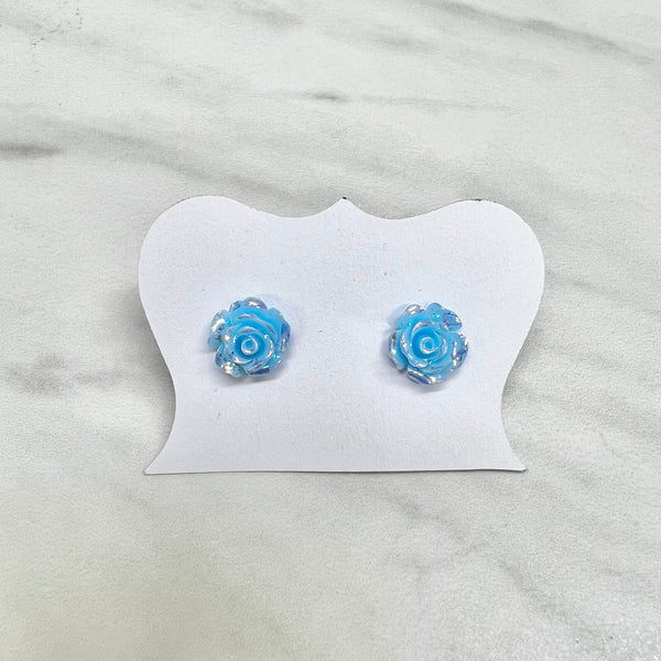 Blue Iridescent Rose Stud Earrings
